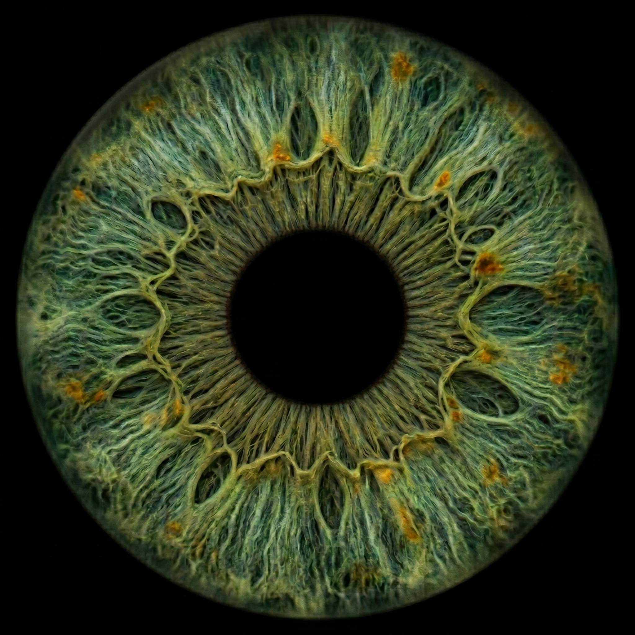 Striking green iris with dark limbal ring and vivid stromal valleys